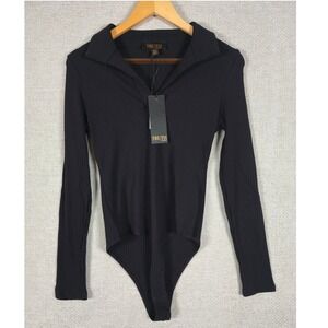NWT TRUTH BY REPUBLIC Black‎ Ribbed Collared Long Sleeve Bodysuit Size M